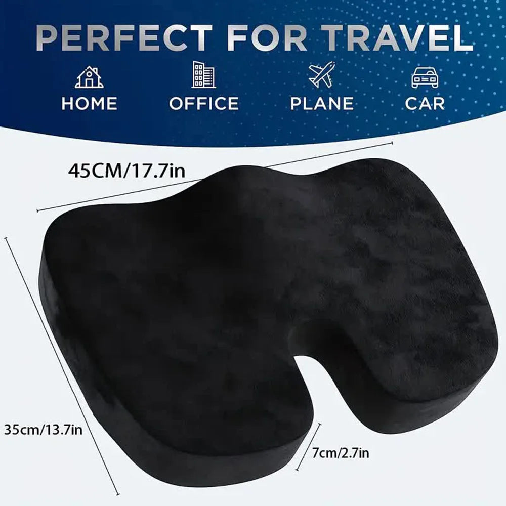 Black memory foam seat cushion with dimensions and text indicating its versatility for various settings.
