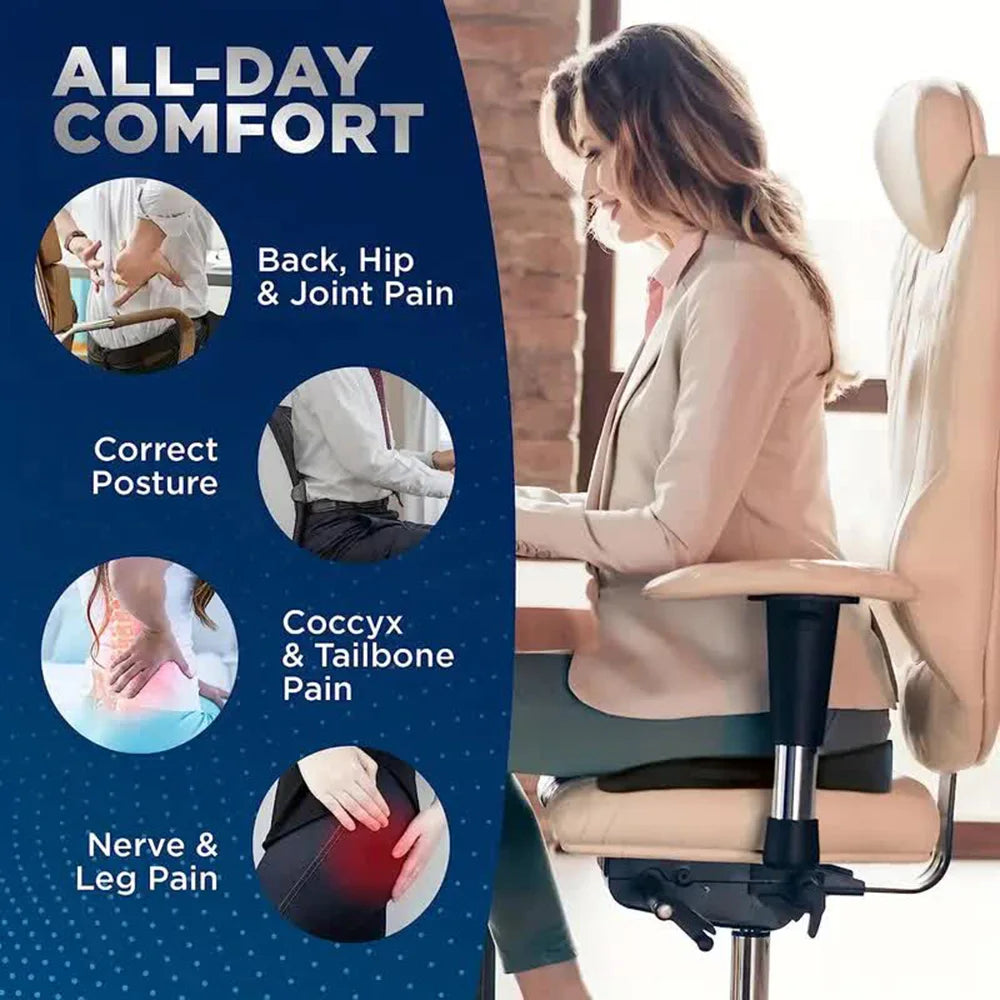 Ergonomic chair with text highlighting comfort for back, hip, joint, posture, coccyx, tailbone, nerve, and leg pain.