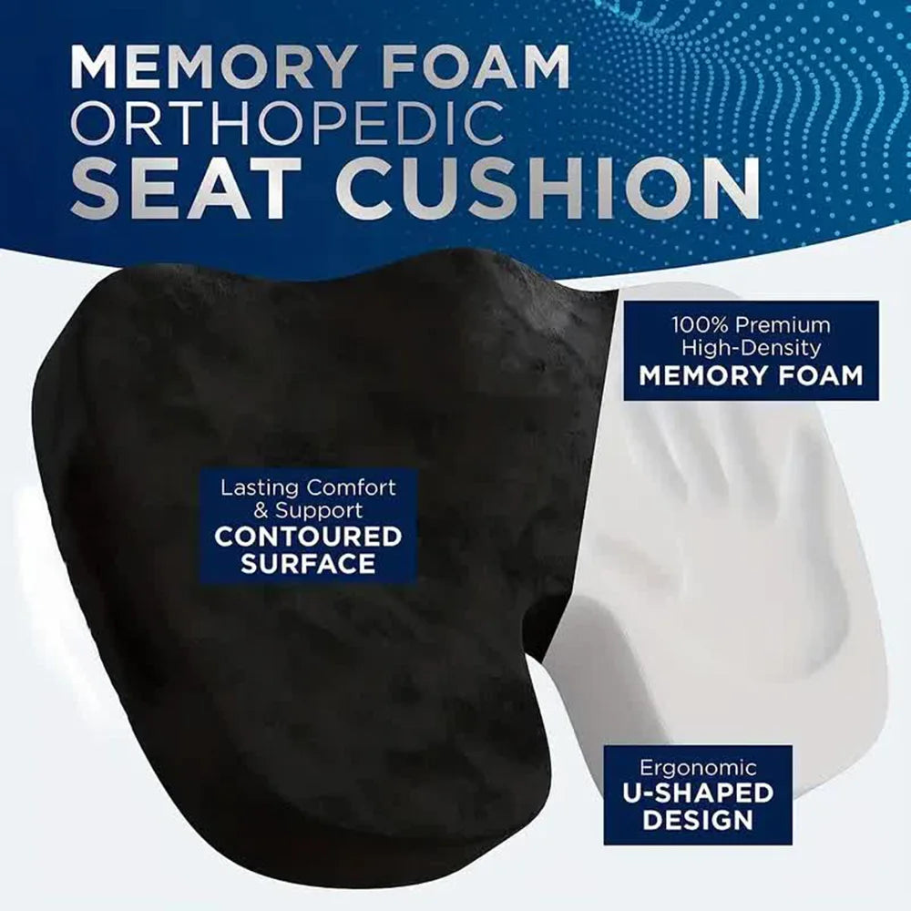 Black memory foam orthopedic seat cushion with text highlighting features on a white and blue background