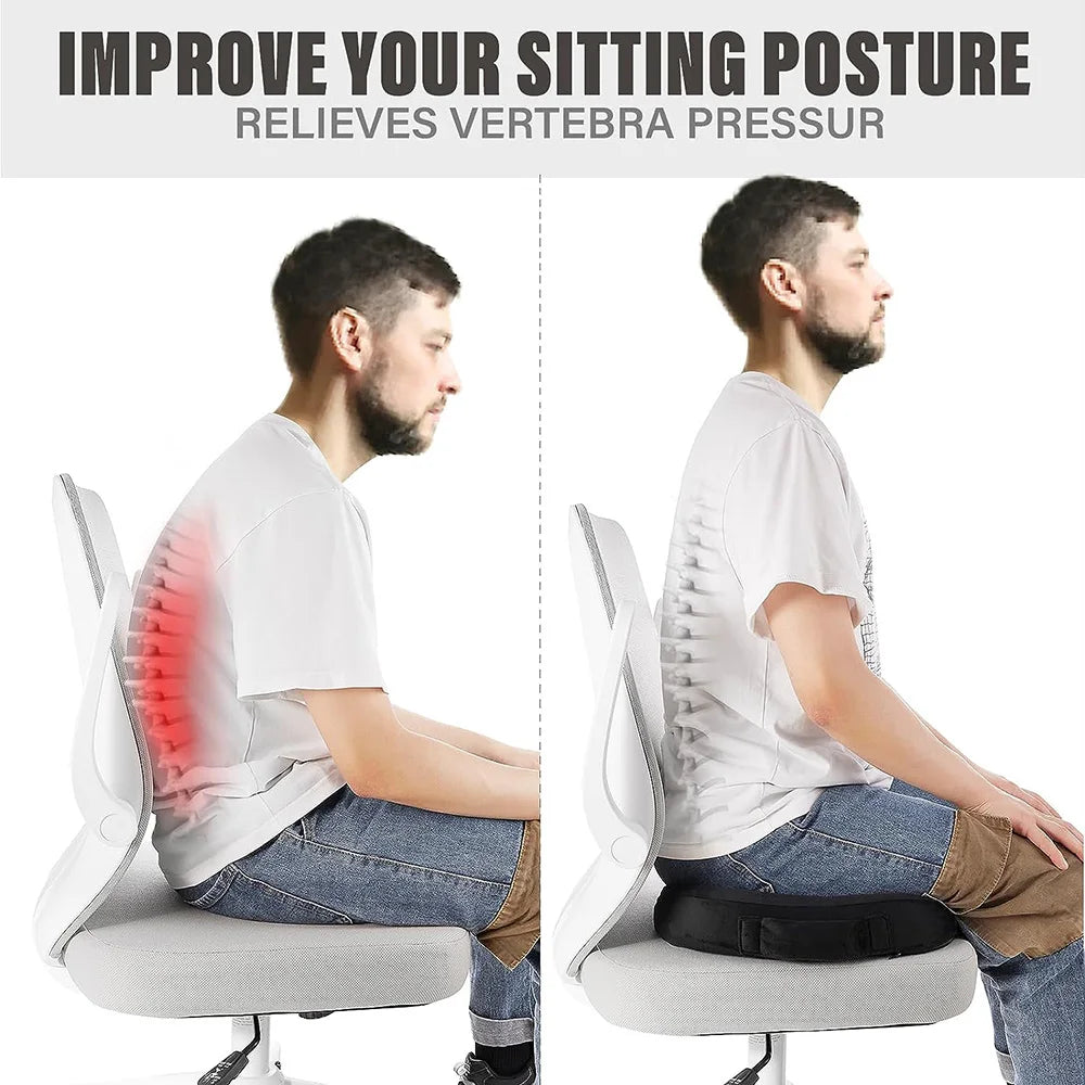 Person sitting on a chair with a back support device, showing correct and incorrect posture.
